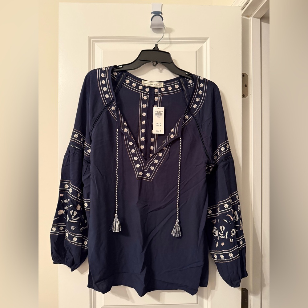 Navy Blue Abercrombie & Fitch Blouse with Floral Details